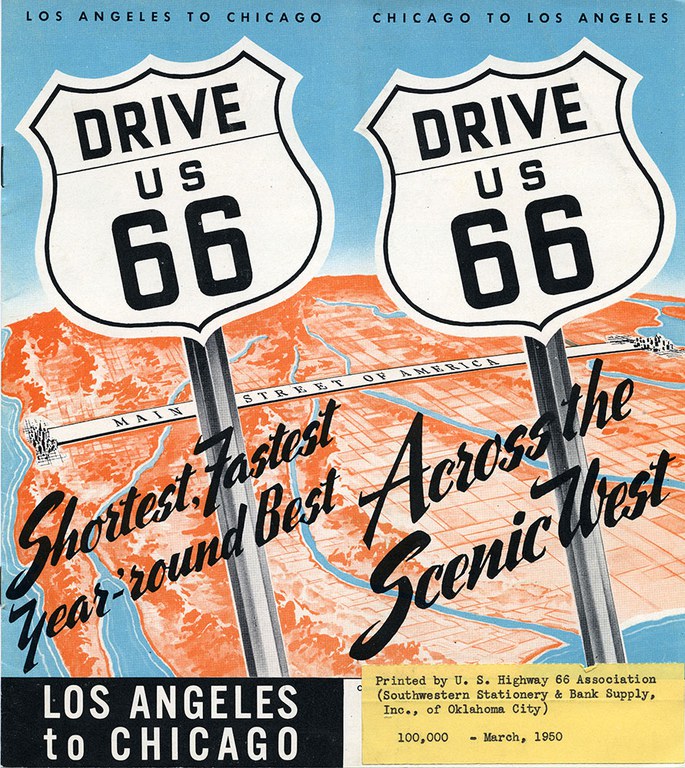 A vintage poster advertising Route 66, featuring signs and an illustration of the USA and text "Los Angeles to Chicago".