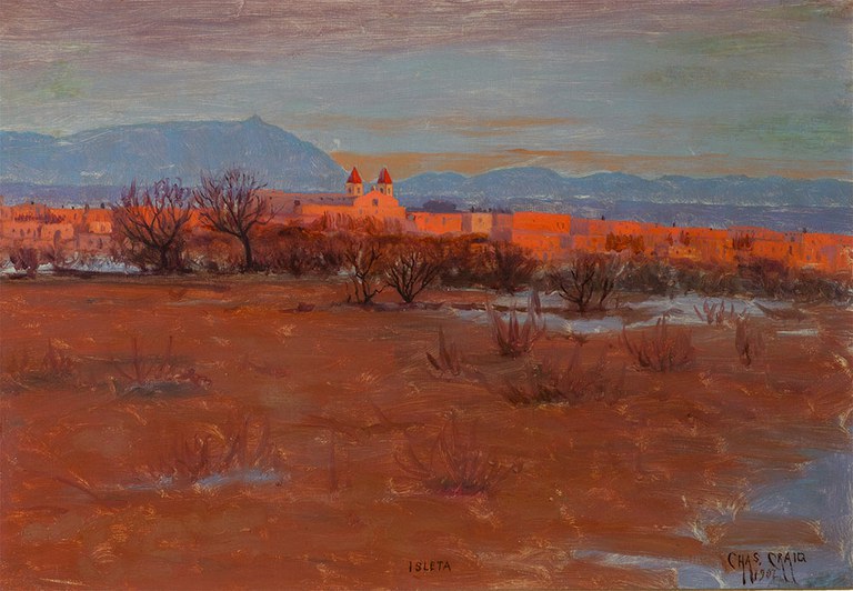 A painting of a desert scene with a light dusting of snow. Adobe buildings and a church can be seen in the far distance.