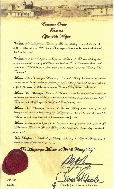 The signed executive order by Mayor Richard Berry declaring September 7 Albuquerque Museum Day.