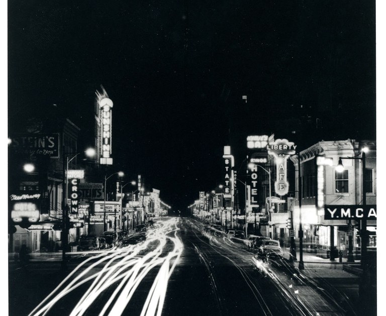 A vintage black and white photo of Central taken at night.