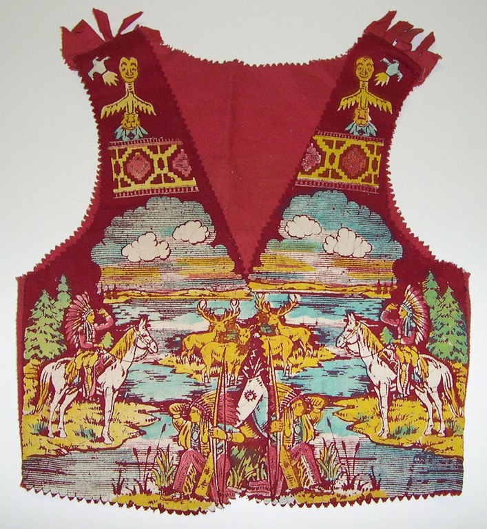 A red vest with an artwork of a scene with a river, the forest, and people riding horses.