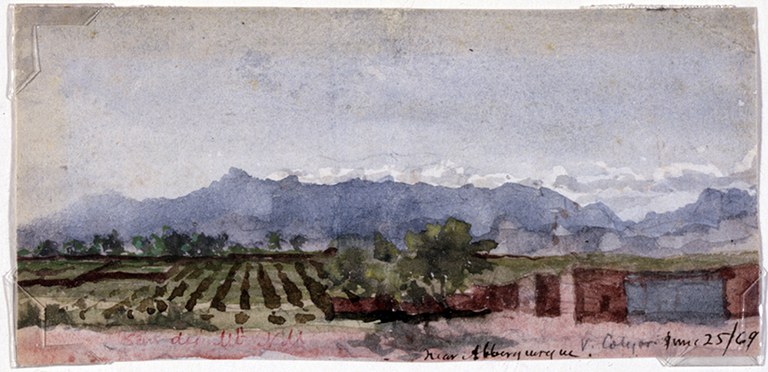A watercolor artwork of a farm field with mountains in the distance.