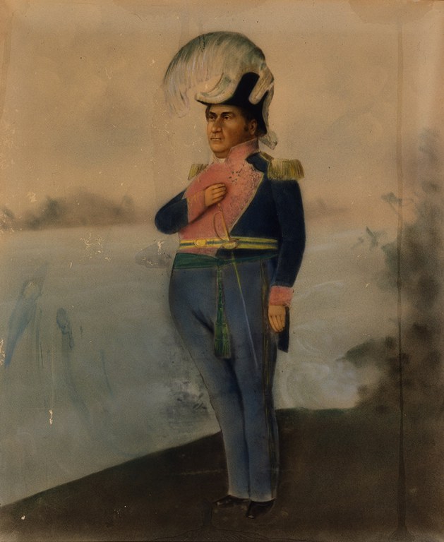 A painting of a man in an old military uniform with his right hand on his heart.