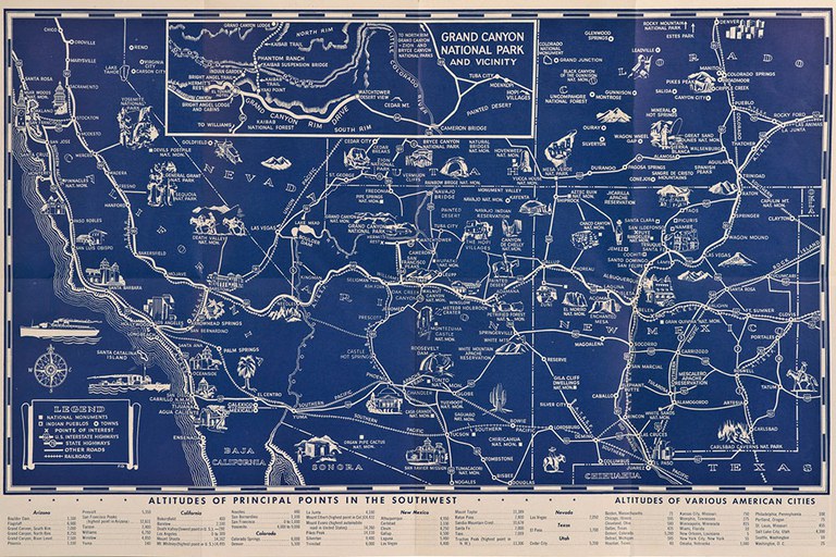 An old Route 66 map with points of interest.