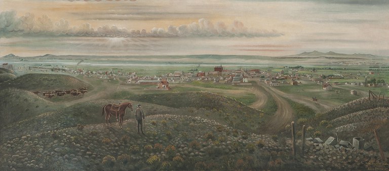 A painting of a man and horse on a hill looking down at a town.