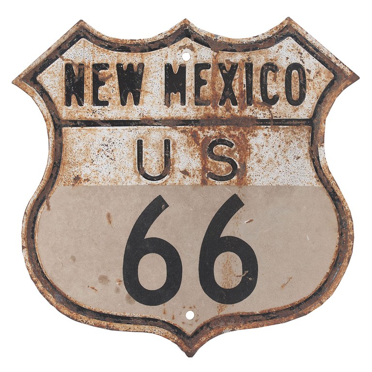 An old, weathered Route 66 metal road sign.