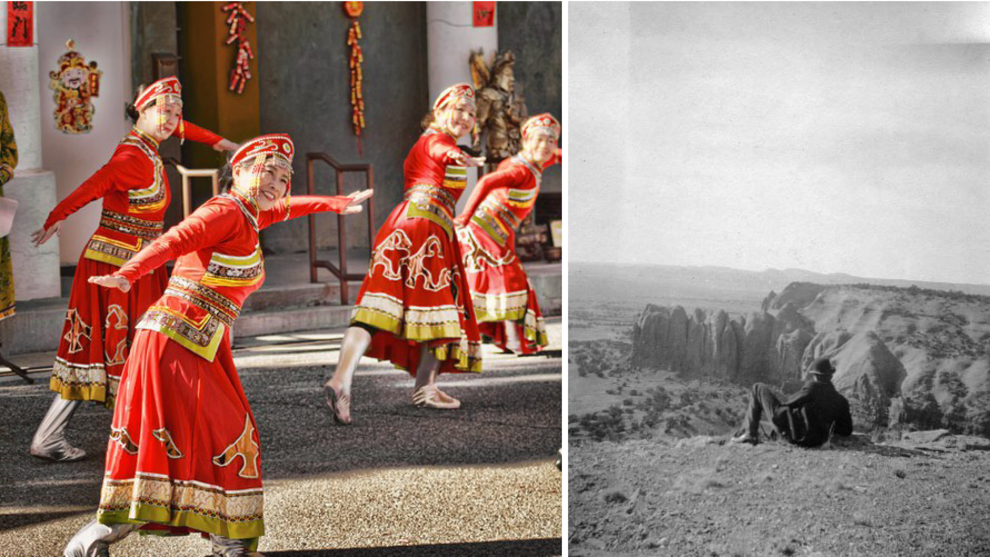 Composite image of women from the Albuquerque Chinese Folk Dance Ensemble in red traditional outfits performing a dance in the street in front of the Chinese Culture Center on Chinese New Year on the left, and a black and white photograph of a single person at the top of a desert cliff with his back to the viewer.