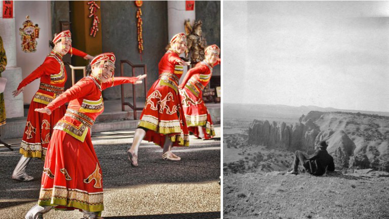 Composite image of women in red traditional outfits performing a dance in the street in front of a temple entrance on the left and a black and white photograph of a single person at the top of a desert cliff with his back to the viewer.