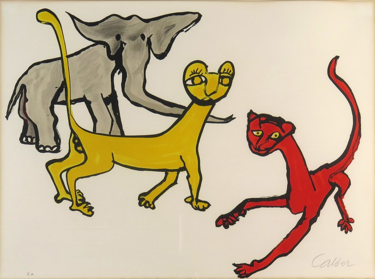 A painting of three heavily stylized animals, including an elephant and a cat.