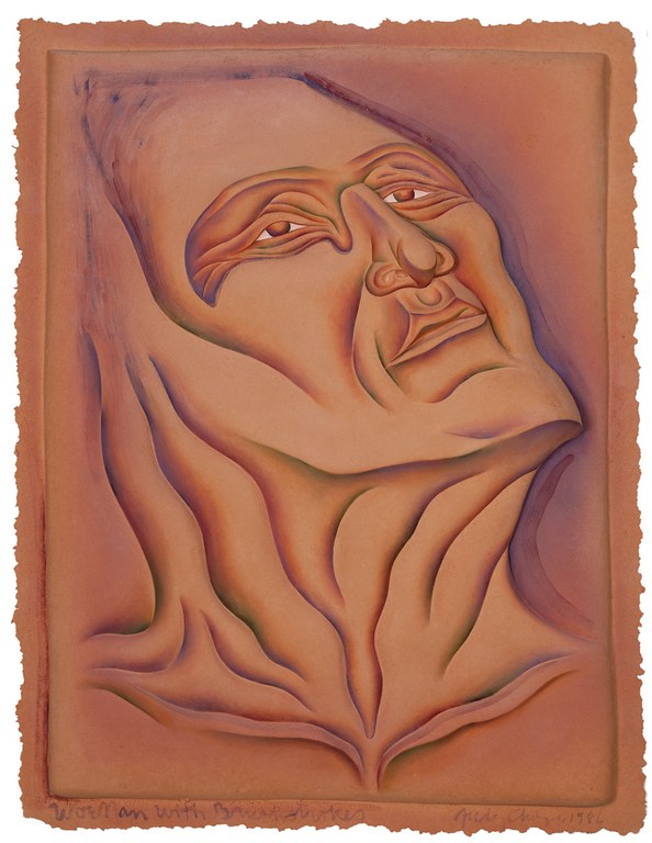 A stylized portrait of a person with their head tilted upwards.