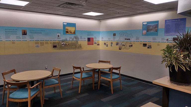 A portion of the wall-decal timeline for City leadership, featuring photos from Albuquerque's leadership history.