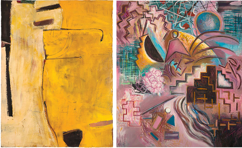 Two abstract paintings side by side with the one at left mostly strong yellow highlighted with cream brushstrokes and small sections of black at the top left and bottom right next to another painting wit geometric shapes and pattern repetition in shades of dark pink, teal with highlights of dark brown and dark yellow.