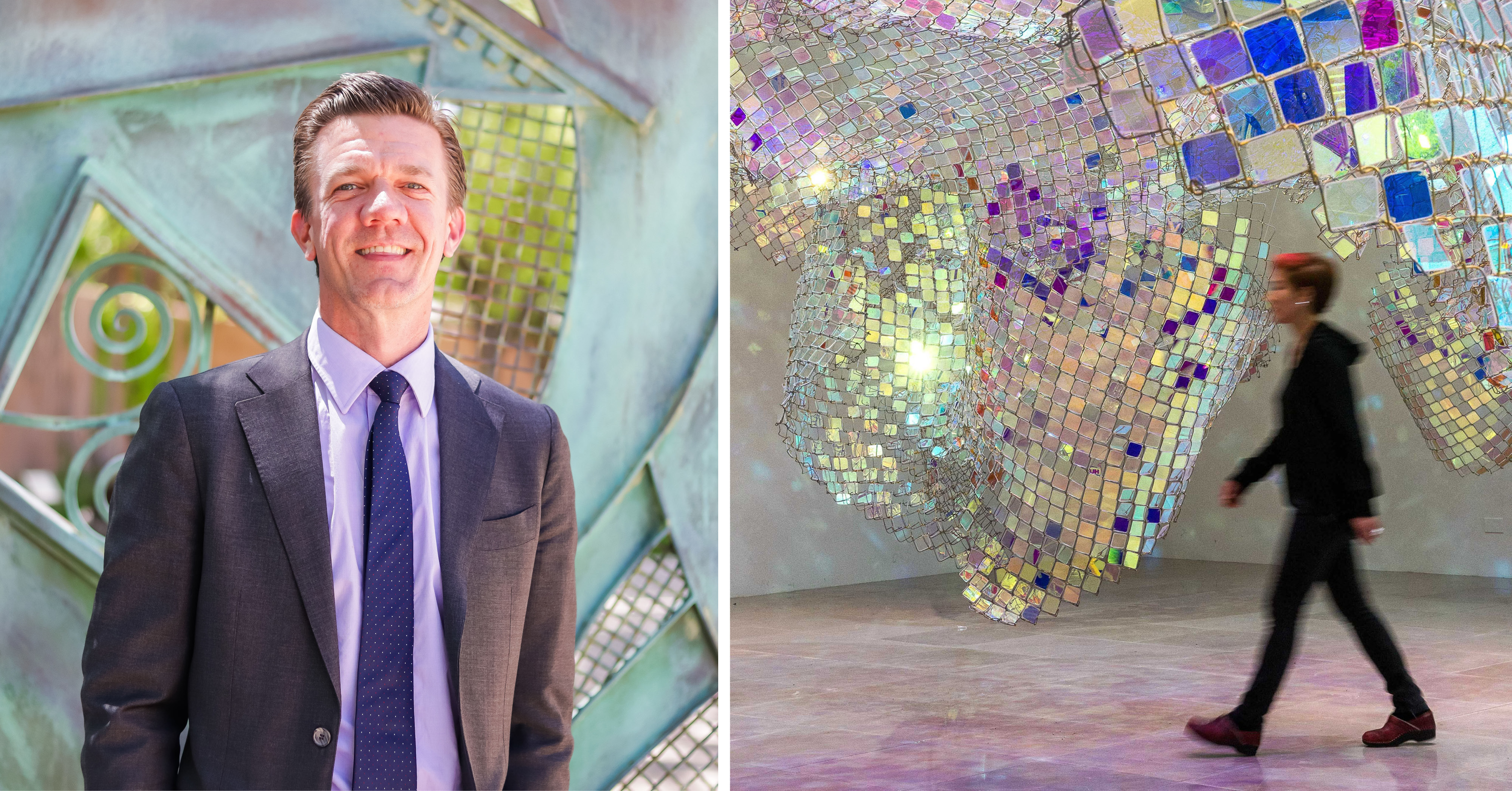 Portrait of William Gassaway, Figure walking through Soo Sunny Park art installation reflecting light and color