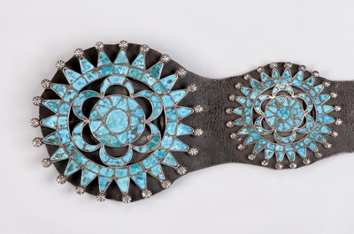 A concha belt by Lambert Homer, done in turquoise and leather.