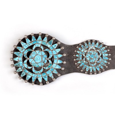 A concha belt by Lambert Homer, done in turquoise and leather.