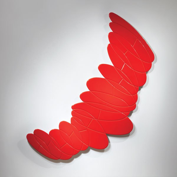 Paul Sarkisian Untitled (right leaning red51), 2005 polyurethane on wood 168 x 89 in. photo by Eric Swanson An abstract 3D artwork in red featuring various oval shapes stacked partially atop each other.