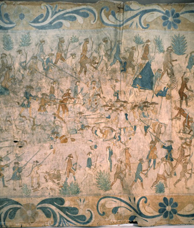 An artwork featuring multiple persons from two warring groups armed and in various stages of battle.