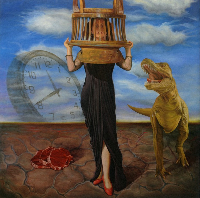 A painting of a woman with a chair over her head. To her left is a tyrannosaurus rex. To her right is a chunk of red meat on the ground. Behind her is a partially cloudy sky with clouds and a faded face of a clock at a three quarter angle.