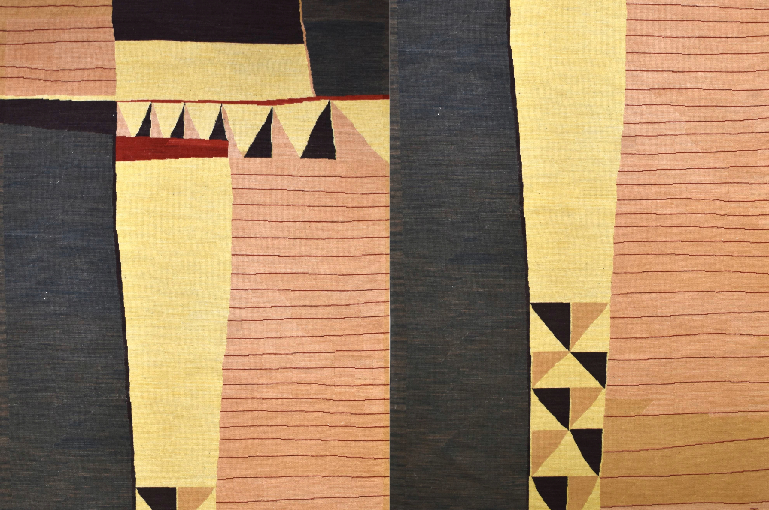 Abstract art with brown, black and yellow stripes with other triangle figures.