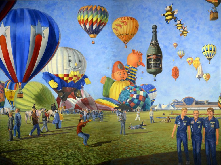 A painting of hot air balloons on and above a grassy field with people walking, chatting, and observing the balloons.