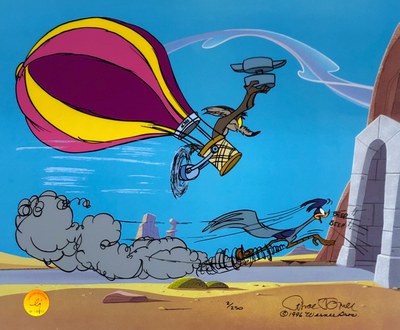 A colored cel of the roadrunner about to enter a tunnel. He's being pursued by the coyote character who is in a propeller-driven hot air balloon holding an anvil.