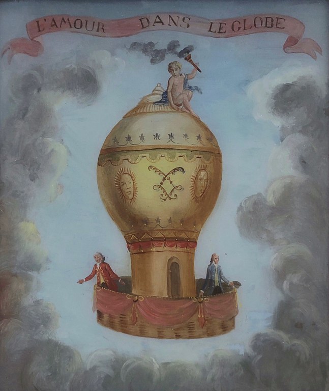 A classic painting of the first balloon flight, featuring two people in a hot air balloon.