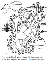 A black and white illustration of a cold road runner wearing ear muffs and shivering. Cactus and yucca appear in the background.