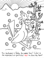 A black and white illustration of a seated roadrunner enjoying a popsicle next to a cactus.