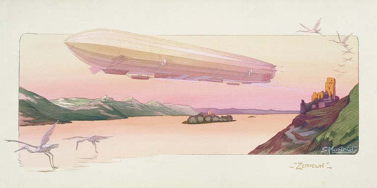 An illustration of a blimp floating over a body of water.