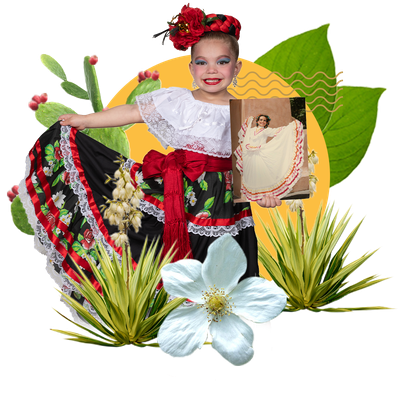A young girl in a mariachi dress poses with a photo of an older relative also in a mariachi dress. Surrounding her is a collage-style frame comprised of a prickly pear cactus, a white flower, a yucca, and a yellow circle.