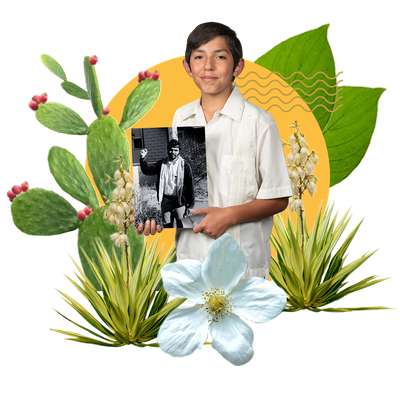 A young boy in a white button-up shirt poses with a vintage photo of an older relative. Surrounding him is a collage-style frame comprised of a prickly pear cactus, a white flower, a yucca, and a yellow circle.
