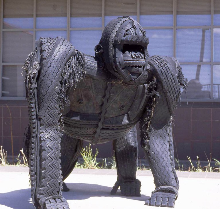 Gorilla sculpture made from recycled tires and a steel armature. 