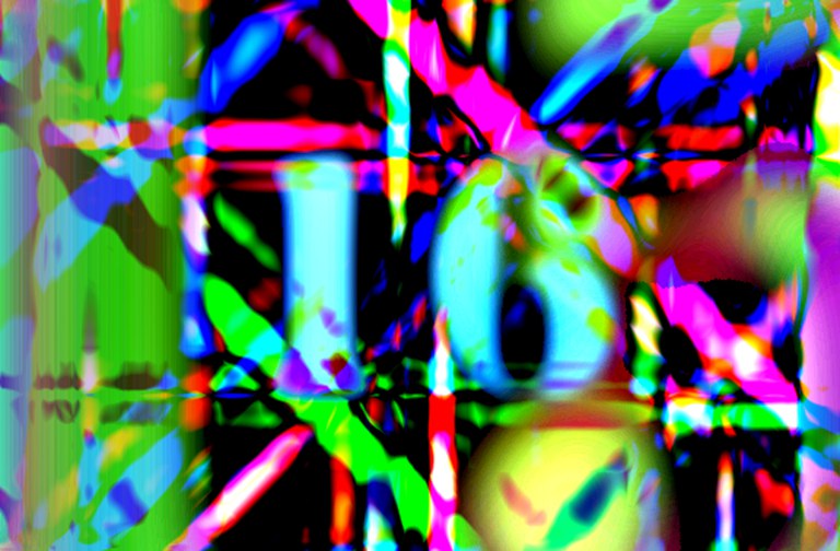 A vibrant digital artwork featuring bright colors and digital noise with lines and blurred color with the number 16 in a faded blue at the center.