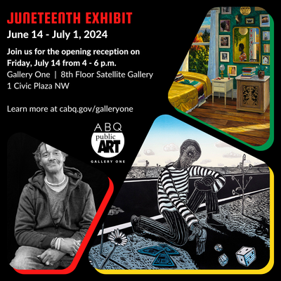 Graphic with three images for the Juneteenth Art Exhibit. Images from left to right are Pamela Lewis "Shawn Wanford, Karsten Creightney "Roadside Gambler," and Mark Beck "In the Mirror."
