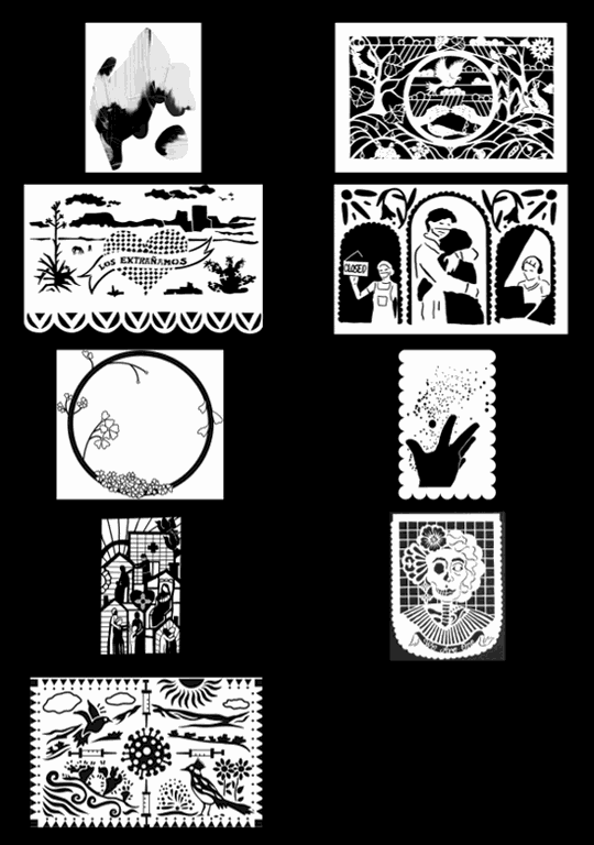 Image of the black and white paper flag designs by Lauren Smith, Diane Palley, Bette Yozell, Celine Gordon, Jakia Fuller, Emma Eckert, Kate Coucke, Manuel Hernandez, and Susan Roden against a black background.