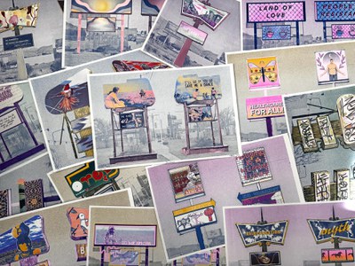 Image of risograph prints of sign designs by various artists that overlap.