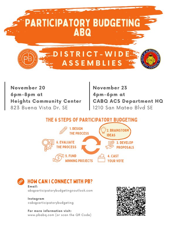 Invitation to attend two Program Idea Workshops for Participatory Budgeting: 1. November 20, 2024 from 6p - 8p at the Heights Community Center - 823 Buena Vista DR SE 2. November 23, 2024 from 4p-6p at Albuquerque Community Safety (ACS) Headquarters - 1210 San Mateo Blvd SE