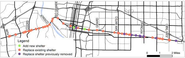 Map photo of the planned locations for new Albuquerque bus shelters