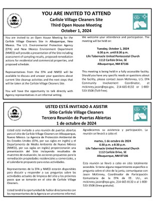 Flyer for public meeting regarding the Carlisle Cleaners superfund site on October 1, 2024, in English and Spanish.