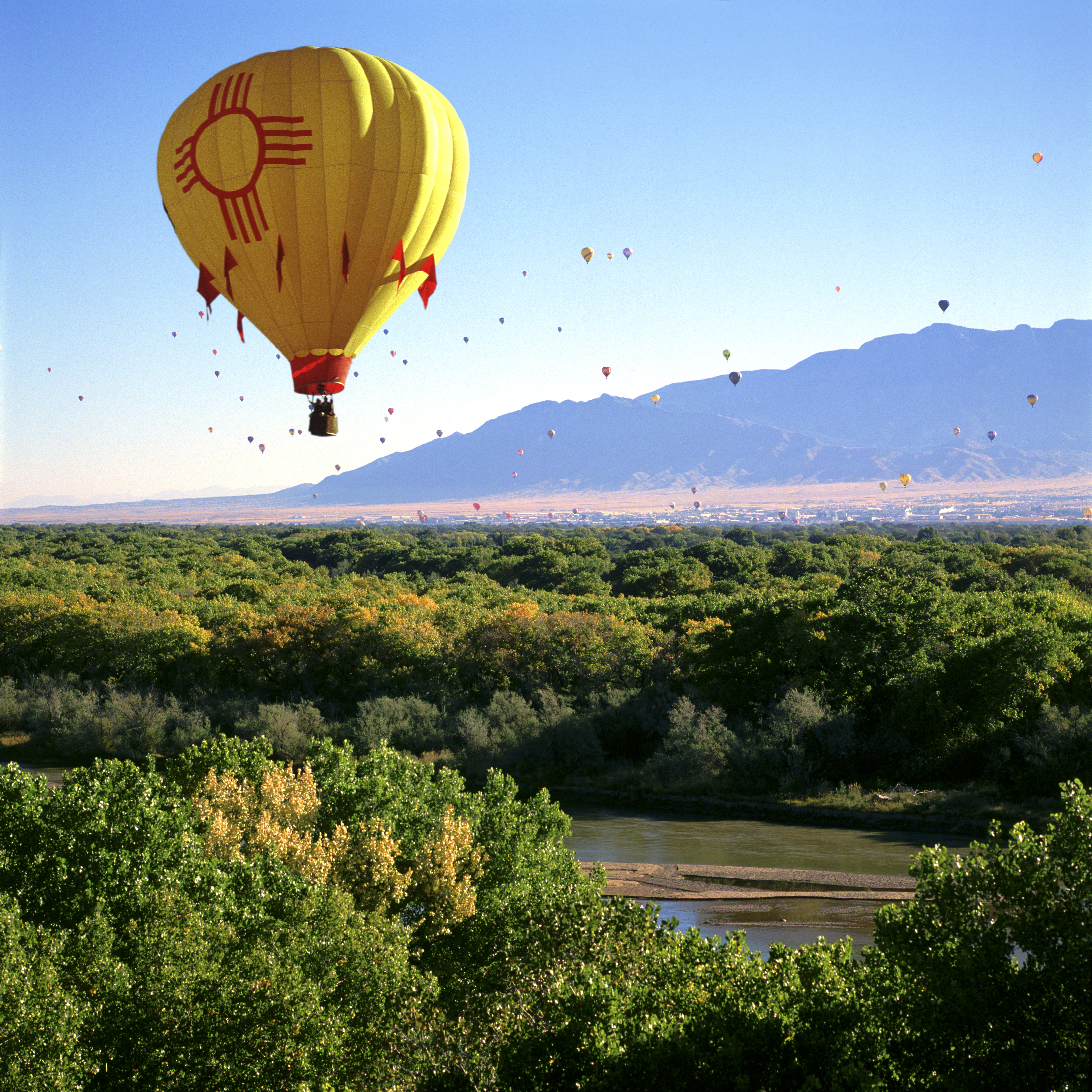 A hot air balloon floating over the Bosque.