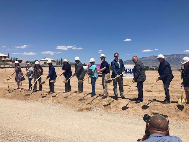 District 5 Councilor and Council President Dan Lewis joins Mayor Tim Keller, District 1 Councilor Louie Sanchez and City leaders raise shovels full of dirt at the ground breaking for the NW Cibola Loop Multigenerational Center on May 21, 2024