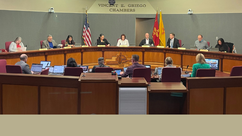 The full city council, from Left: Councilor Tammy Fiebelkorn, Councilor Louie Sanchez, Councilor Renée Grout, Council Vice-President Klarissa J. Peña, Council President Brook Bassan, Councilor Dan Champine, Councilor Dan Lewis, Councilor Joaquín Baca, Councilor Nichole L. Rogers, having a meeting in the Vincent E. Griego Chambers.