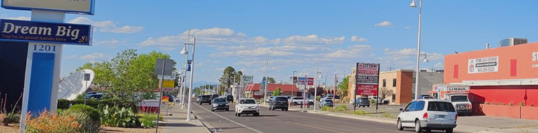 Artistic rendering of planned streetscape improvements along San Pedro Road from I-40 to Lomas, showing lane updates, traffic and pedestrian upgrades