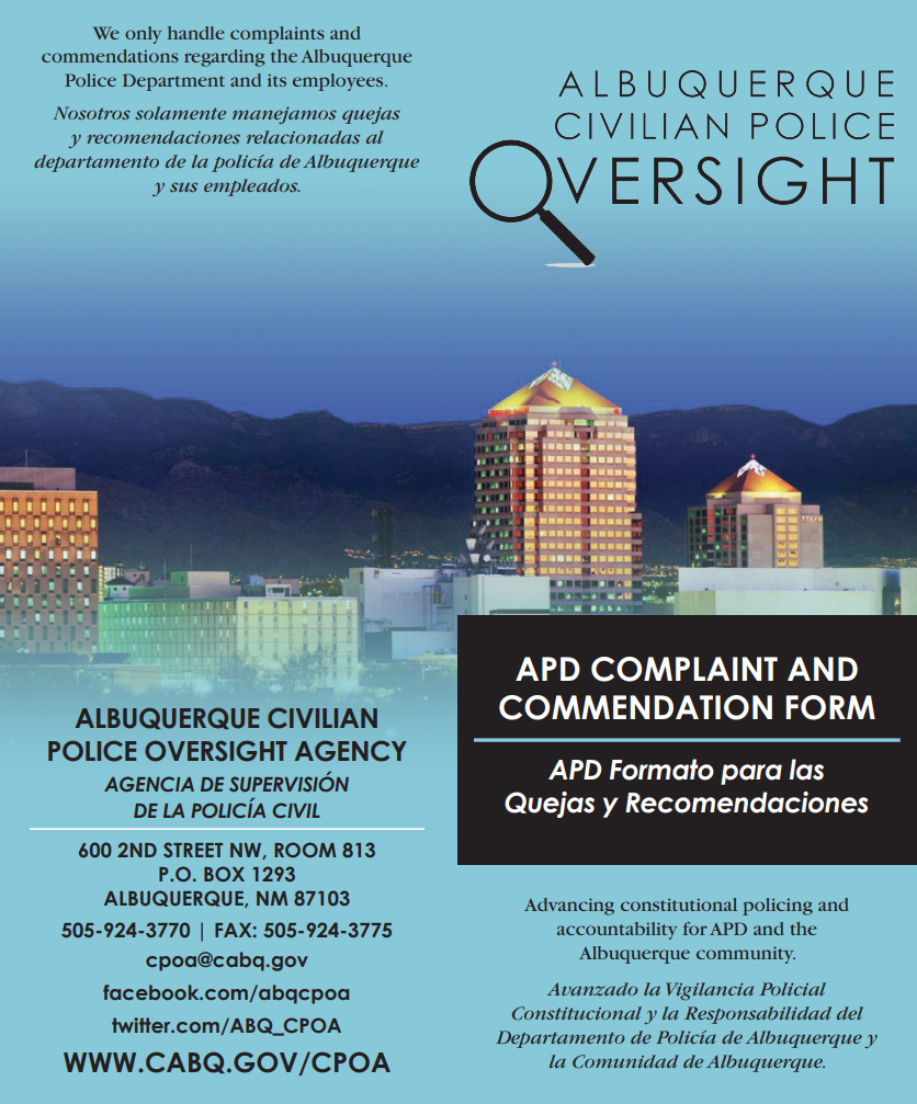 Cover of the CPOA civilian complaint form with the Albuquerque Civilian Police Oversight logo and a skyline view of downtown Albuquerque.