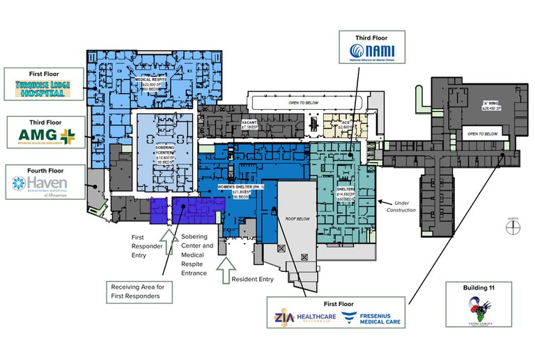 A floor plan of the second floor of the Gibson Health Hub with colored areas showing where each Gateway Center service will be located, along with a general indication of where on the other floors the existing tenants are occupied