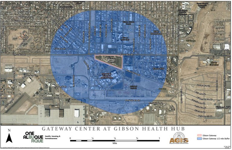 A map showing a blue circle that is a ½ mile radius around the Gibson Health Hub.