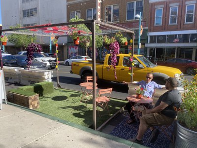 Central Ave with a temporary park and seating area installed 