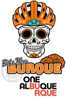 The Bike Thru Burque event logo shows a sugar skull with a bike helmet. There are also orange marigold flowers and transparent bike gear.