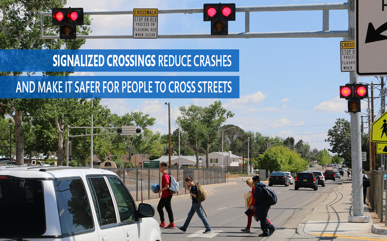 Signalized crossings reduce crashes and make it safer for people to cross streets.