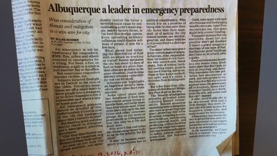 Article recognizing the progressive emergency planning efforts of the Albuquerque Office of Emergency Management by author Allan Bonner (Albuquerque Journal).